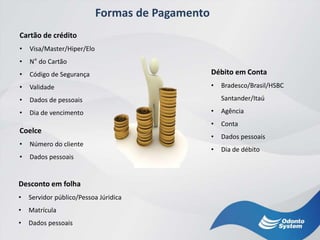 Formas de Pagamento
Cartão de crédito
• Visa/Master/Hiper/Elo
• N° do Cartão
• Código de Segurança
• Validade
• Dados de pessoais
• Dia de vencimento
Débito em Conta
• Bradesco/Brasil/HSBC
Santander/Itaú
• Agência
• Conta
• Dados pessoais
• Dia de débito
Coelce
• Número do cliente
• Dados pessoais
Desconto em folha
• Servidor público/Pessoa Júridica
• Matrícula
• Dados pessoais
 