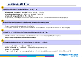 3
Destaques do 1T13
Crescimento da receita bruta total de 7,0% versus 1T12
 Crescimento da receita bruta total: 7,0% versus 1T12 – R$2,1 bilhões
 Crescimento mesmas lojas: 5,2% versus 1T12 (destaque e-commerce)
 Forte base de comparação (SSS do 1T12 de15,9%)
 Inauguração de 2 novas lojas e fechamento de 14 (sendo 13 do Baú) que apresentavam sobreposição geográfica
Aumento de 0,4 ponto percentual na margem bruta consolidada versus 1T12
 Margem bruta consolidada: 28,2% da receita líquida
 Fruto do foco constante em melhorar a margem bruta do Nordeste e na preservação da margem nas demais regiões
Redução de 0,8 ponto percentual nas despesas operacionais versus 1T12
 Fruto do programa de racionalização de custos e das despesas e aumento da produtividade de lojas
 Finalização das despesas extraordinárias de integração
Sólido trimestre do segmento de financiamento ao consumo – Luizacred
 Crescimento de 9,8% versus 1T12 – R$ 345,9 milhões
 Margem bruta de 90,6% – aumento de 6,6 pontos percentuais versus 1T12
 Margem EBITDA de 8,5%
 Margem líquida de 4,5% – revertendo prejuízo de R$ 16,7 milhões no 1T12 para um lucro de R$ 15,6 milhões no 1T13
1
2
3
4
 