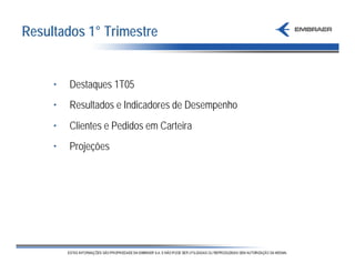 Resultados 1° Trimestre


     •   Destaques 1T05
     •   Resultados e Indicadores de Desempenho
     •   Clientes e Pedidos em Carteira
     •   Projeções
 