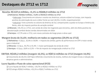 2
Destaques do 2T12 vs 1T12
Receita: R$ 637,6 milhões, +5,1% vs R$606,9 milhões no 1T12
 Refratários: R$566,9 milhões, +3,0% vs R$550,4 milhões no 1T12
• Siderurgia: Crescimento em volume e receita nas Américas; volume estável na Europa, com impacto
positivo da valorização do euro e dólar frente ao real (+8,5% e 11,0%, respectivamente)
• Industrial: Forte aumento no volume da América do Sul, compensando a queda na Europa e América do
Norte, além do impacto positivo da variação cambial
 Minerais: +35,1% vs o 1T12, com venda de sínter de magnesita para terceiros, além do efeito positivo da
desvalorização cambial destas vendas denominadas em dólar
 Serviços: +17,7% ante o 1T12, com novos contratos de longo prazo e obras spot
Margem bruta de 31,6%: melhoria em todos os segmentos (29,9% no 1T12)
 Refratários: +1,6p.p., 32,4% vs 30,8% -> impacto do câmbio, ganho de performance em CPP e maior venda
para o industrial
 Minerais: +2.3p.p., 43,7% vs 41,4% –> maior participação da venda de sínter
 Serviços: +3.1p.p., 8,6% vs 5,5% –> fim do impacto da renegociação sindical no 1T12
EBITDA: R$105,2 milhões (margem 16,5%), vs R$87,6 milhões no 1T12 (margem 14,4%)
 Crescimento de 20,1% (+207 bps) refletindo crescimento da receita, melhora da margem bruta e redução das
despesas gerais e administrativas
Lucro líquido e Fluxo de caixa operacional (FCO)
 Lucro líquido de R$36,7 milhões, +29,7% vs R$28,3 milhões no 1T12
 FCO atingiu R$96,9 milhões, +52,1% vs R$63,7 milhões no 1T12
 