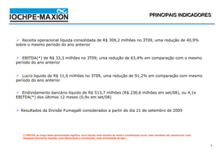 PRINCIPAIS4T08 / 2008
                                                                                                                           INDICADORES




   Receita operacional líquida consolidada de R$ 309,2 milhões no 3T09, uma redução de 40,9%
sobre o mesmo período do ano anterior


   EBITDA(*) de R$ 33,3 milhões no 3T09, uma redução de 63,4% em comparação com o mesmo
período do ano anterior


   Lucro liquido de R$ 11,6 milhões no 3T09, uma redução de 91,2% em comparação com mesmo
período do ano anterior


   Endividamento bancário líquido de R$ 513,7 milhões (R$ 230,6 milhões em set/08), ou 4,1x
EBITDA(*) dos últimos 12 meses (0,9x em set/08)


  Resultados da Divisão Fumagalli considerados a partir do dia 21 de setembro de 2009




   (*) EBITDA, ao longo desta apresentação significa: lucro líquido mais imposto de renda e contribuição social, mais resultado não operacional, mais
   despesas financeiras líquidas, mais depreciação e amortização, mais amortização de ágio.


                                                                                                                                                        4
 