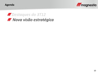 10
Agenda
Destaques do 3T12
Nova visão estratégica
 