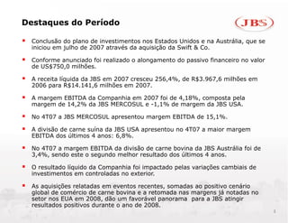 Destaques do Período

   Conclusão do plano de investimentos nos Estados Unidos e na Austrália, que se
    iniciou em julho de 2007 através da aquisição da Swift & Co.

   Conforme anunciado foi realizado o alongamento do passivo financeiro no valor
    de US$750,0 milhões.

   A receita líquida da JBS em 2007 cresceu 256,4%, de R$3.967,6 milhões em
    2006 para R$14.141,6 milhões em 2007.

   A margem EBITDA da Companhia em 2007 foi de 4,18%, composta pela
    margem de 14,2% da JBS MERCOSUL e -1,1% de margem da JBS USA.

   No 4T07 a JBS MERCOSUL apresentou margem EBITDA de 15,1%.

   A divisão de carne suína da JBS USA apresentou no 4T07 a maior margem
    EBITDA dos últimos 4 anos: 6,8%.

   No 4T07 a margem EBITDA da divisão de carne bovina da JBS Austrália foi de
    3,4%, sendo este o segundo melhor resultado dos últimos 4 anos.

   O resultado líquido da Companhia foi impactado pelas variações cambiais de
    investimentos em controladas no exterior.

   As aquisições relatadas em eventos recentes, somadas ao positivo cenário
    global de comércio de carne bovina e a retomada nas margens já notadas no
    setor nos EUA em 2008, dão um favorável panorama para a JBS atingir
    resultados positivos durante o ano de 2008.
                                                                                    2
 