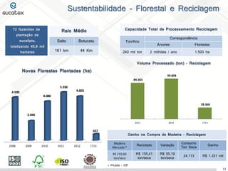 72 fazendas de
plantação de
eucalipto,
totalizando 45,8 mil
hectares
Raio Médio
Salto Botucatu
161 km 44 Km
Sustentabilidade – Florestal e Reciclagem
13
Novas Florestas Plantadas (ha)
2008 2009 2010 2011 2012 1T13
4.500
2.040
4.080
5.036
4.603
657
Volume Processado (ton) - Reciclagem
89.383
99.808
28.368
2011 2012 1T13
Capacidade Total de Processamento Reciclagem
Ton/Ano
Correspondência
Árvores Florestas
240 mil ton 2 milhões / ano 1.500 ha
Ganho na Compra de Madeira - Reciclagem
Madeira
Mercado *
Reciclado Variação
Consumo
Ton Seca
Ganho
R$ 210,60
ton/seca
R$ 155,41
ton/seca
R$ 55,19
ton/seca
24.113 R$ 1.331 mil
* Picada - CIF
 