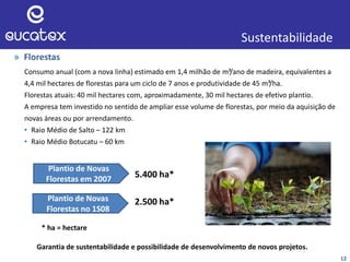 12
» Florestas
Consumo anual (com a nova linha) estimado em 1,4 milhão de m³/ano de madeira, equivalentes a
4,4 mil hectares de florestas para um ciclo de 7 anos e produtividade de 45 m³/ha.
Florestas atuais: 40 mil hectares com, aproximadamente, 30 mil hectares de efetivo plantio.
A empresa tem investido no sentido de ampliar esse volume de florestas, por meio da aquisição de
novas áreas ou por arrendamento.
• Raio Médio de Salto – 122 km
• Raio Médio Botucatu – 60 km
Plantio de Novas
Florestas em 2007 5.400 ha*
Garantia de sustentabilidade e possibilidade de desenvolvimento de novos projetos.
Sustentabilidade
Plantio de Novas
Florestas no 1S08
2.500 ha*
* ha = hectare
 