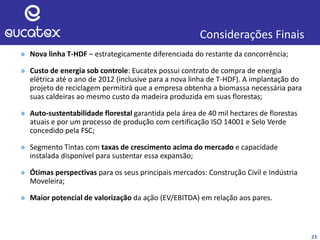 23
» Nova linha T-HDF – estrategicamente diferenciada do restante da concorrência;
» Custo de energia sob controle: Eucatex possui contrato de compra de energia
elétrica até o ano de 2012 (inclusive para a nova linha de T-HDF). A implantação do
projeto de reciclagem permitirá que a empresa obtenha a biomassa necessária para
suas caldeiras ao mesmo custo da madeira produzida em suas florestas;
» Auto-sustentabilidade florestal garantida pela área de 40 mil hectares de florestas
atuais e por um processo de produção com certificação ISO 14001 e Selo Verde
concedido pela FSC;
» Segmento Tintas com taxas de crescimento acima do mercado e capacidade
instalada disponível para sustentar essa expansão;
» Ótimas perspectivas para os seus principais mercados: Construção Civil e Indústria
Moveleira;
» Maior potencial de valorização da ação (EV/EBITDA) em relação aos pares.
Considerações Finais
 