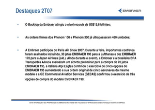 Destaques 2T07

•   O Backlog da Embraer atingiu o nível recorde de US$15,6 bilhões;


•   As ordens firmes dos Phenom 100 e Phenom 300 já ultrapassaram 460 unidades;


•   A Embraer participou do Paris Air Show 2007. Durante a feira, importantes contratos
    foram assinados incluindo, 30 jatos EMBRAER 190 para a Lufthansa e dez EMBRAER
    170 para a Japan Airlines (JAL). Ainda durante o evento, a Embraer e a brasileira BRA
    Transportes Aéreos assinaram um acordo preliminar para a compra de 20 jatos
    EMBRAER 195, a italiana Alpi Eagles confimou o exercício de cinco opções do
    EMBRAER 195 aumentando a sua ordem original de cinco aeronaves do mesmo
    modelo e a GE Commercial Aviation Services (GECAS) confirmou o exercício de três
    opções de compra do modelo EMBRAER 190.
 