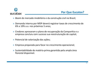 Por Que Eucatex?
» Boom do mercado imobiliário e da construção civil no Brasil;» Boom do mercado imobiliário e da construção civil no Brasil;
» Demanda interna por MDP deverá registrar taxas de crescimento de 
6% a 10% a a nos próximos 5 anos;6% a 10% a.a. nos próximos 5 anos;
» Credores aprovaram o plano de recuperação da Companhia e a 
l i ã d i lempresa concluiu com sucesso sua reestruturação de capital;
» Potencial de valorização das ações;
» Empresa preparada para focar no crescimento operacional;
» Sustentabilidade de matéria‐prima garantida pela ampla área 
florestal disponível.
13
 