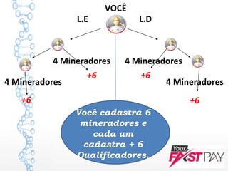 VOCÊ
4 Mineradores
Você cadastra 6
mineradores e
cada um
cadastra + 6
Qualificadores.
+6
4 Mineradores
+6
4 Mineradores
+6
4 Mineradores
+6
L.E L.D
 