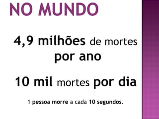 4,9 milhões de mortes
por ano
10 mil mortes por dia
1 pessoa morre a cada 10 segundos.
 