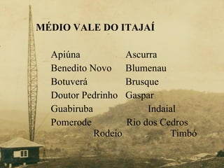 MÉDIO VALE DO ITAJAÍ Apiúna  Ascurra Benedito Novo Blumenau Botuverá Brusque Doutor Pedrinho  Gaspar Guabiruba  Indaial Pomerode  Rio dos Cedros  ...... Rodeio Timbó 