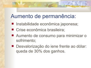 Aumento de permanência: Instabilidade econômica japonesa; Crise econômica brasileira; Aumento de consumo para minimizar o sofrimento; Desvalorização do iene frente ao dólar: queda de 30% dos ganhos. 