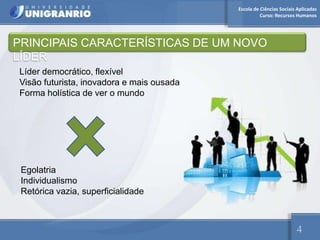 Escola de Ciências Sociais Aplicadas
                                                     Curso: Recursos Humanos




PRINCIPAIS CARACTERÍSTICAS DE UM NOVO
LÍDER
Líder democrático, flexível
Visão futurista, inovadora e mais ousada
Forma holística de ver o mundo




 Egolatria
 Individualismo
 Retórica vazia, superficialidade



                                                                     4
 