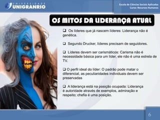 Escola de Ciências Sociais Aplicadas
                                                Curso: Recursos Humanos




OS MITOS DA LIDERANÇA ATUAL
   Os líderes que já nascem líderes: Liderança não é
  genética.

   Segundo Drucker, líderes precisam de seguidores.

   Líderes devem ser carismáticos: Carisma não é
  necessidade básica para um líder, ele não é uma estrela de
  TV.

   O perfil ideal do líder: O padrão pode matar o
  diferencial, as peculiaridades individuais devem ser
  preservadas

   A liderança está na posição ocupada: Liderança
  é autoridade através de exemplos, admiração e
  respeito; chefia é uma posição.




                                                                6
 
