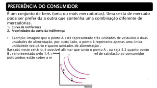 6
PREFERÊNCIA DO CONSUMIDOR
É um conjunto de bens (uma ou mais mercadorias). Uma cesta de mercado
pode ser preferida a outra que contenha uma combinação diferente de
mercadorias.
1. Curva de indiferença
2. Propriedades da curva da indiferença
• Exemplo: Imagine que o ponto A está representado três unidades de vestuário e duas
unudades de alimentação. por outro lado, o ponto B representa apenas uma única
unidadede vestuário e quatro unidades de alimentação .
Baseado neste cenário, é possível afirmar que tanto o ponto A , ou seja 3,2 quanto ponto
B , renpresentado pelo 1,4, proporcionam o mesmo nível de satisfação ao consumidor
pois ambos estão sobre a mesma curva de indiferença
 