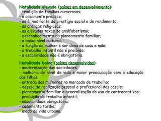 Natalidade elevada (países em desenvolvimento):
- tradição de famílias numerosas;
- o casamento precoce;
- os filhos fonte de prestígio social e de rendimento;
- as crenças religiosas;
- as elevadas taxas de analfabetismo;
- desconhecimento do planeamento familiar;
- o baixo nível cultural;
- a função da mulher é ser dona de casa e mãe;
- o trabalho infantil não é proibido;
- a escolaridade não é obrigatória.
Natalidade baixa (países desenvolvidos):
- modernização das sociedades;
- melhoria do nível de vida e maior preocupação com a educação
dos filhos;
- entrada das mulheres no mercado de trabalho;
- desejo de realização pessoal e profissional dos casais;
- planeamento familiar e generalização do uso de contraceptivos;
- proibição do trabalho infantil;
- escolaridade obrigatória;
- casamento tardio;
- modo de vida urbano.
 