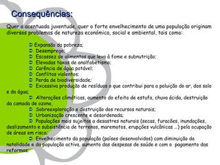 Consequências:
Quer a acentuada juventude, quer o forte envelhecimento de uma população originam
diversos problemas de natureza económica, social e ambiental, tais como:

           Expansão da pobreza;
           Desemprego;
           Escassez de alimentos que leva à fome e subnutrição;
           Elevadas taxas de analfabetismo;
           Carência de água potável;
           Conflitos violentos;
           Perda de biodiversidade;
           Excessiva produção de resíduos o que contribui para a poluição do ar, dos solo
e da água;
           Alterações climáticas, aumento do efeito de estufa, chuva ácida, destruição
da camada de ozono,
           Sobreexploração e destruição dos recursos naturais;
           Urbanização crescente e desordenada;
           Populações mais sujeitas a desastres naturais (secas, furacões, inundações,
deslizamento e subsistência de terrenos, maremotos, erupções vulcânicas …) pela ocupação
de áreas em risco;
           Envelhecimento da população (países desenvolvidos) com diminuição da
natalidade e da população activa, aumento das despesas de saúde e com o pagamento das
reformas;
 