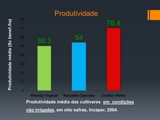 Produtividade
Produtividade média (Sc benef./ha))

                                      80
                                                                                       70.4
                                      70

                                      60
                                                50.3                  54
                                      50

                                      40

                                      30

                                      20

                                      10

                                       0
                                             Robusta Tropical   Robustão Capixaba   Conilon Vitória

                                           Produtividade média das cultivares em condições
                                           não irrigadas, em oito safras, Incaper, 2004.
 