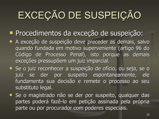 EXCEÇÃO DE SUSPEIÇÃO Procedimentos da exceção de suspeição: A exceção de suspeição deve preceder as demais, salvo quando fundada em motivo superveniente (artigo 96 do Código de Processo Penal), isto porque as demais exceções pressupõem um juiz imparcial. Se o juiz reconhecer a suspeição de ofício, ou seja, se o juiz se der por suspeito espontaneamente, ele fundamenta sua decisão e remete o processo ao seu substituto legal. Se o magistrado não se der por suspeito, qualquer das partes poderá fazê-lo em petição assinada pela própria parte ou por procurador com poderes especiais.  