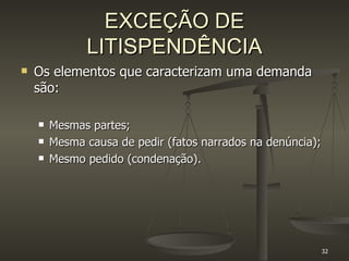 EXCEÇÃO DE LITISPENDÊNCIA Os elementos que caracterizam uma demanda são: Mesmas partes; Mesma causa de pedir (fatos narrados na denúncia); Mesmo pedido (condenação). 