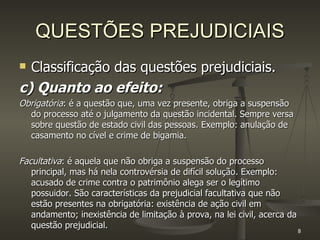 QUESTÕES PREJUDICIAIS Classificação das questões prejudiciais. c) Quanto ao efeito: Obrigatória : é a questão que, uma vez presente, obriga a suspensão do processo até o julgamento da questão incidental. Sempre versa sobre questão de estado civil das pessoas. Exemplo: anulação de casamento no cível e crime de bigamia. Facultativa : é aquela que não obriga a suspensão do processo principal, mas há nela controvérsia de difícil solução. Exemplo: acusado de crime contra o patrimônio alega ser o legítimo possuidor. São características da prejudicial facultativa que não estão presentes na obrigatória: existência de ação civil em andamento; inexistência de limitação à prova, na lei civil, acerca da questão prejudicial. 
