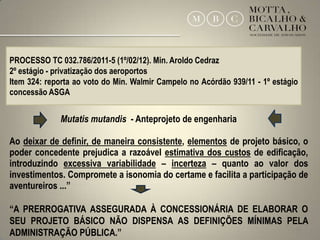 PROCESSO TC 032.786/2011-5 (1º/02/12). Min. Aroldo Cedraz
2º estágio - privatização dos aeroportos
Item 324: reporta ao voto do Min. Walmir Campelo no Acórdão 939/11 - 1º estágio
concessão ASGA


             Mutatis mutandis - Anteprojeto de engenharia

Ao deixar de definir, de maneira consistente, elementos de projeto básico, o
poder concedente prejudica a razoável estimativa dos custos de edificação,
introduzindo excessiva variabilidade – incerteza – quanto ao valor dos
investimentos. Compromete a isonomia do certame e facilita a participação de
aventureiros ...”

“A PRERROGATIVA ASSEGURADA À CONCESSIONÁRIA DE ELABORAR O
SEU PROJETO BÁSICO NÃO DISPENSA AS DEFINIÇÕES MÍNIMAS PELA
ADMINISTRAÇÃO PÚBLICA.”
                                                       19
 
