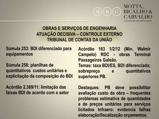 OBRAS E SERVIÇOS DE ENGENHARIA
               ATUAÇÃO DECISIVA – CONTROLE EXTERNO
                   TRIBUNAL DE CONTAS DA UNIÃO
Súmula 253: BDI diferenciado para   Acórdão 163 1/2/12 (Min. Walmir
equipamentos                        Campelo) RDC - obras Terminal
                                    Passageiros Galeão.
Súmula 258: planilhas de            Temas: taxa BDI/ES, BDI diferenciado;
quantitativos custos unitários e    sobrepreço       e      quantitativos
explicitação da composição do BDI   superiores PB.

Acórdão 2.369/11: limitação das     Destaques: PB deve possibilitar
faixas BDI de acordo com o setor    avaliação custo da obra – frequentes
                                    problemas estimativa de quantidades
                                    e de preços unitários para serviços
                                    licitados Infraero: evidencia falhas
                                    elaboração/fiscalização orçamentos. 5
 