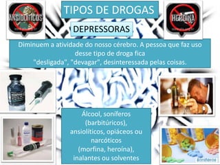 TIPOS DE DROGAS
DEPRESSORAS
Diminuem a atividade do nosso cérebro. A pessoa que faz uso
desse tipo de droga fica
"desligada", "devagar", desinteressada pelas coisas.
Álcool, soníferos
(barbitúricos),
ansiolíticos, opiáceos ou
narcóticos
(morfina, heroína),
inalantes ou solventes
 
