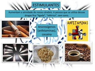 ESTIMULANTES
Aumentam a atividade do nosso cérebro. A pessoa que se utiliza dessas
drogas fica "ligada", "elétrica", sem sono.
Anorexígenos
(anfetaminas),
cocaína
crack
 