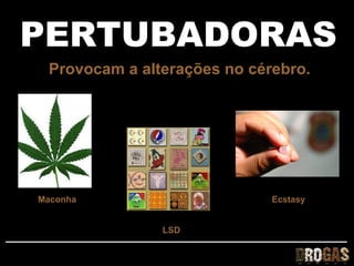 PERTUBADORAS
 Provocam a alterações no cérebro.




Maconha                      Ecstasy


               LSD
 
