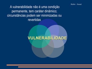VULNERABILIDADE
A vulnerabilidade não é uma condição
permanente, tem caráter dinâmico;
circunstâncias podem ser minimizadas ou
revertidas
Rubin – Senad.
 