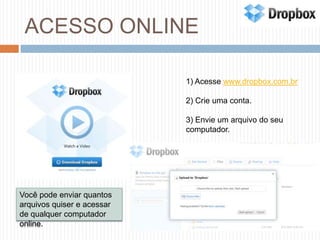 ACESSO ONLINE1) Acesse www.dropbox.com.br2) Crie uma conta.3) Envie um arquivo do seu computador.Você pode enviar quantos arquivos quiser e acessar de qualquer computador online. 