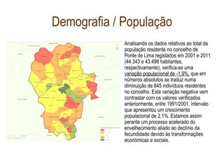 Demografia / População
• Analisando os dados relativos ao total da
população residente no concelho de
Ponte de Lima registados em 2001 e 2011
(44.343 e 43.498 habitantes,
respectivamente), verifica-se uma
variação populacional de -1,9%, que em
números absolutos se traduz numa
diminuição de 845 indivíduos residentes
no concelho. Esta variação negativa vem
contrastar com os valores verificados
anteriormente, entre 1991/2001, intervalo
que apresentou um crescimento
populacional de 2,1%. Estamos assim
perante um processo acelerado do
envelhecimento aliado ao declínio da
fecundidade devido às transformações
económicas e sociais.
 