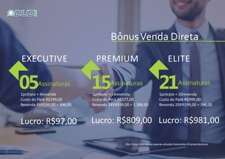 EXECUTIVE PREMIUM ELITE
05 15 211prórpio + 4revenda
Custo do Pack R$299,00
Revenda 4XR$99,00 = 396,00
Lucro: R$97,00
1prórpio + 14revenda
Custo do Pack R$577,00
Revenda 14XR$99,00 = 1.386,00
1prórpio + 20revenda
Custo do Pack R$999,00
Revenda 20XR$99,00 = 396,00
Lucro: R$809,00 Lucro: R$981,00
 