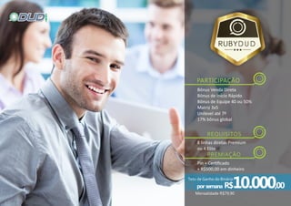 por semana R$10.000,00
Bônus Venda Direta
Bônus de Início Rápido
Bônus de Equipe 40 ou 50%
Matriz 3x5
Unilevel até 7º
17% bônus global
PARTICIPAÇÃO
8 linhas diretas Premium
ou 4 Elite
Pin + Cer ﬁcado
+ R$500,00 em dinheiro
 