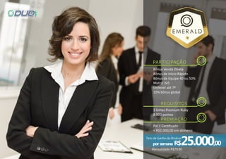 por semana R$25.000,00
Bônus Venda Direta
Bônus de Início Rápido
Bônus de Equipe 40 ou 50%
Matriz 3x5
Unilevel até 7º
10% bônus global
PARTICIPAÇÃO
3 linhas Premium Ruby
8.000 pontos
Pin + Cer ﬁcado
+ R$1.000,00 em dinheiro
 