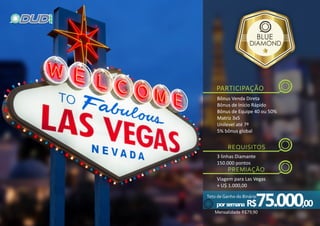 ImagensIlustrativas
por semana R$75.000,00
Bônus Venda Direta
Bônus de Início Rápido
Bônus de Equipe 40 ou 50%
Matriz 3x5
Unilevel até 7º
5% bônus global
PARTICIPAÇÃO
3 linhas Diamante
150.000 pontos
Viagem para Las Vegas
+ U$ 1.000,00
 