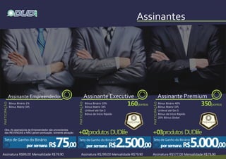PARTICIPAÇÃO
PARTICIPAÇÃO
por semana R$75,00 por semana R$2.500,00 por semana R$5.000,00
Obs: As assinaturas de Empreendedor são provenientes
das REVENDAS e NÃO geram pontuação, somente ativação.
160pontos
Assinatura R$299,00 Mensalidade R$79,90
Bônus Binário 1%
Bônus Matriz 3X5
Bônus Binário 10%
Bônus Matriz 3X5
Unilevel até Ger.5
Bônus de Início Rápido
Bônus Binário 40%
Bônus Matriz 3X5
Unileval até Ger.5
Bônus de Início Rápido
20% Bônus Global
+02produtos DUDlife +03produtos DUDlife
350pontos
 