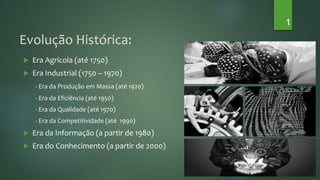  Era Agrícola (até 1750)
 Era Industrial (1750 – 1970)
- Era da Produção em Massa (até 1920)
- Era da Eficiência (até 1950)
- Era da Qualidade (até 1970)
- Era da Competitividade (até 1990)
 Era da Informação (a partir de 1980)
 Era do Conhecimento (a partir de 2000)
Evolução Histórica:
1
 