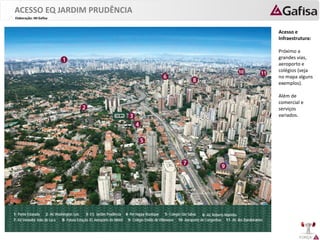 FORÇA 
Elaboração: IM Gafisa 
ACESSO EQ JARDIM PRUDÊNCIA 
Acesso e Infraestrutura: 
Próximo a grandes vias, aeroporto e colégios (veja no mapa alguns exemplos). 
Além de comercial e serviços variados.  