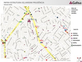 FORÇA 
Elaboração: IM Gafisa 
INFRA ESTRUTURA EQ JARDIM PRUDÊNCIA 
Além de comercial e serviços variados. 
ESCOLA 
HOSPITAL 
Legenda 
CRECHE 
FACULDADE 
HOTEL 
RESTAURANTE  