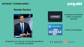 ADVISOR / CONSELHEIRO
Renato Santos
Empresário com mais de 15 anos de experiência
no mercado de logística
Conselheiro de Roberto
Justos no programa
Aprendiz
Criador do Empreetec
 