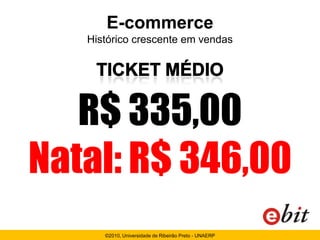 E-commerce
   Histórico crescente em vendas




   R$ 335,00
Natal: R$ 346,00
      ©2010, Universidade de Ribeirão Preto - UNAERP
 