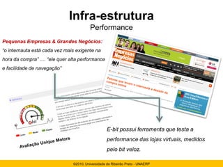 Infra-estrutura
                                          Performance
Pequenas Empresas & Grandes Negócios:
“o internauta está cada vez mais exigente na
hora da compra” .... “ele quer alta performance
e facilidade de navegação”




                                                    E-bit possui ferramenta que testa a
                                                    performance das lojas virtuais, medidos
                                                    pelo bit veloz.

                                ©2010, Universidade de Ribeirão Preto - UNAERP
 