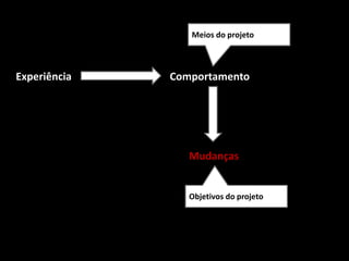 Experiência Comportamento
Mudanças
Objetivos do projeto
Meios do projeto
 