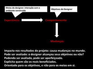 Experiência Comportamento
Mudanças
Objetivos do Designer
Meios do designer: interação com o
ambiente construído
Impacta nos resultados do projeto: causa mudanças no mundo.
Pode ser avaliado: o designer alcançou seus objetivos ou não?
Podendo ser avaliado, pode ser aperfeiçoado.
Explicita quem são os reais beneficiados.
Orientado para os objetivos, e não para os meios em si.
 