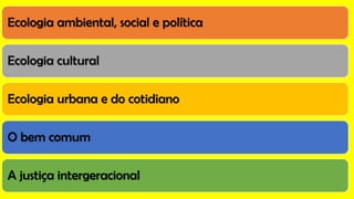 Ecologia ambiental, social e política
Ecologia cultural
Ecologia urbana e do cotidiano
O bem comum
A justiça intergeracional
 