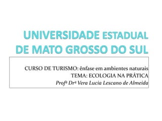 CURSO DE TURISMO: ênfase em ambientes naturais TEMA: ECOLOGIA NA PRÁTICA Profª Drª Vera Lucia Lescano de Almeida 