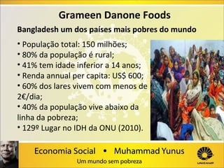 Grameen Danone Foods
Bangladesh um dos países mais pobres do mundo
• População total: 150 milhões;
• 80% da população é rural;
• 41% tem idade inferior a 14 anos;
• Renda annual per capita: US$ 600;
• 60% dos lares vivem com menos de
2€/dia;
• 40% da população vive abaixo da
linha da pobreza;
• 129º Lugar no IDH da ONU (2010).

 