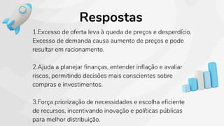 Respostas
1.Excesso de oferta leva à queda de preços e desperdício.
Excesso de demanda causa aumento de preços e pode
resultar em racionamento.
2.Ajuda a planejar finanças, entender inflação e avaliar
riscos, permitindo decisões mais conscientes sobre
compras e investimentos.
3.Força priorização de necessidades e escolha eficiente
de recursos, incentivando inovação e políticas públicas
para melhor distribuição.
 